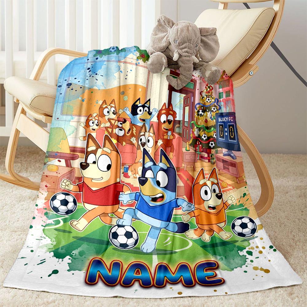 Bluey's Soccer Fun Customize Text Blanket Multi-purpose Personalized Blanket Ultra-Soft Suitable for Bedding Seaside Office Chair Chair