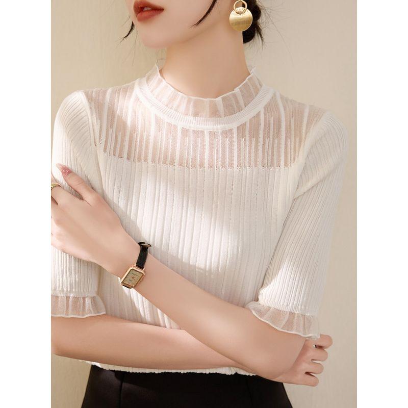 

Stringy Selvedge Stand Collar Half Sleeve Lace Mesh Black Knitting Bottoming Shirt Women s Summer 2025 New Arrival Half Sleeve Shirt White XL