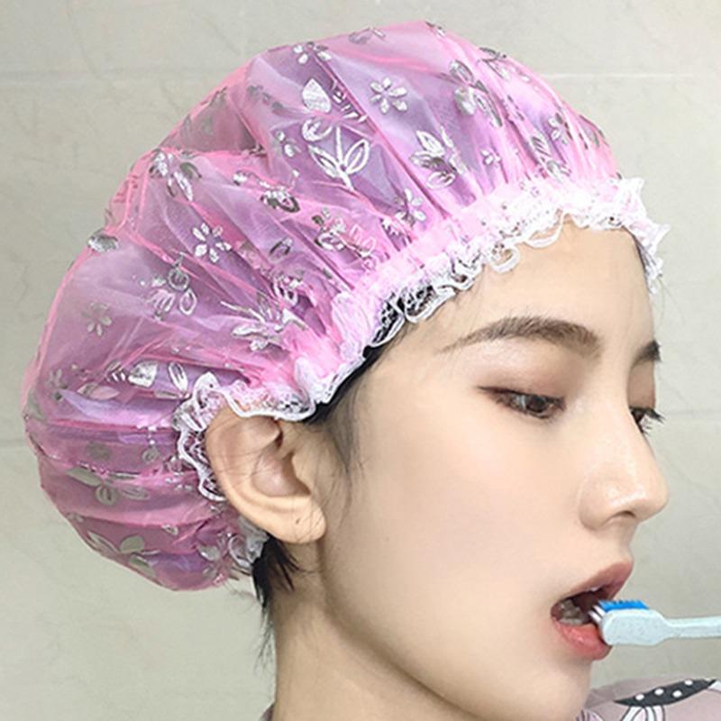 Waterproof Shower Cap For Women Thicken Elastic Bath Hat Oil Proof Kitchen Hair Salon Sanitary Hat Cute Bathroom Accessories Shower Supplies