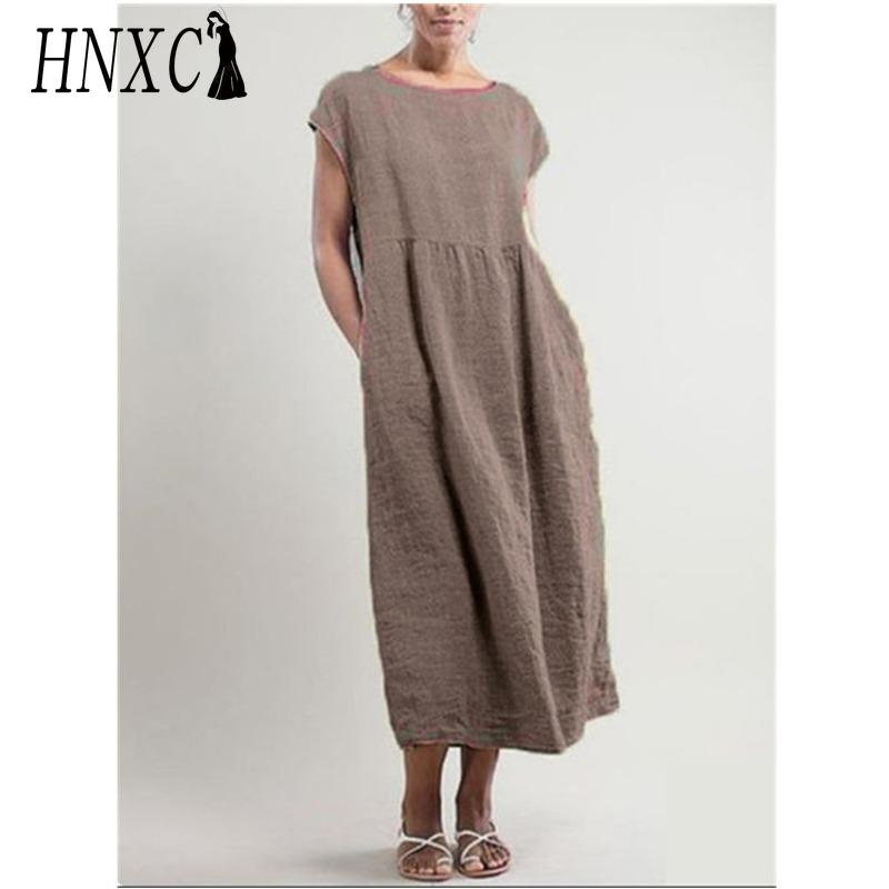 HNXC Women's Fashion Summer Spring Solid Color Print O-Neck High Waist Casual Dresses