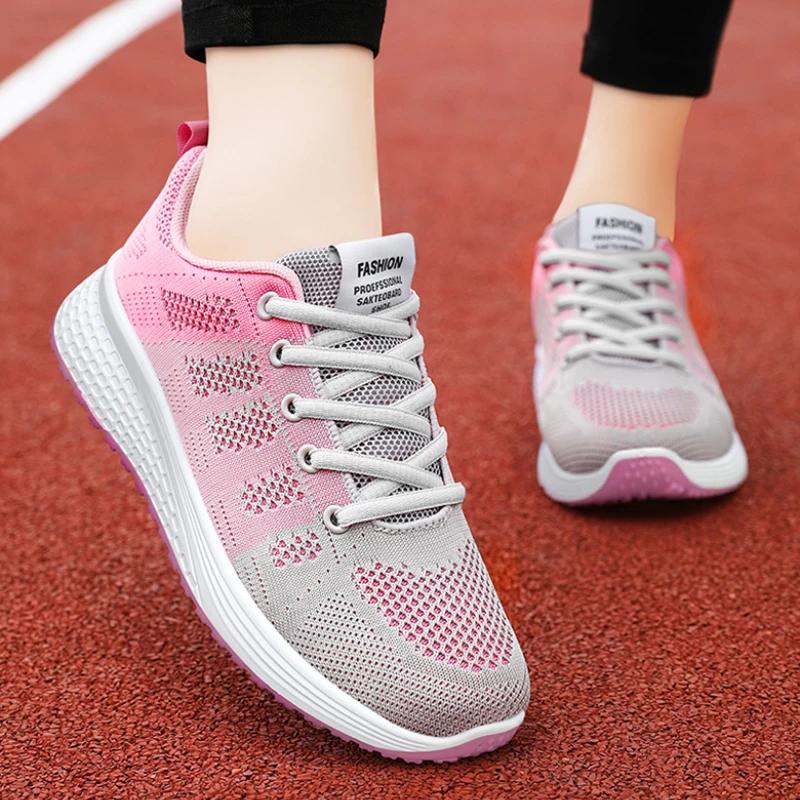 Women Casual Shoes Breathable Lace Up Walking Mesh Flat Shoes Women Tennis Pink Black White Sneakers