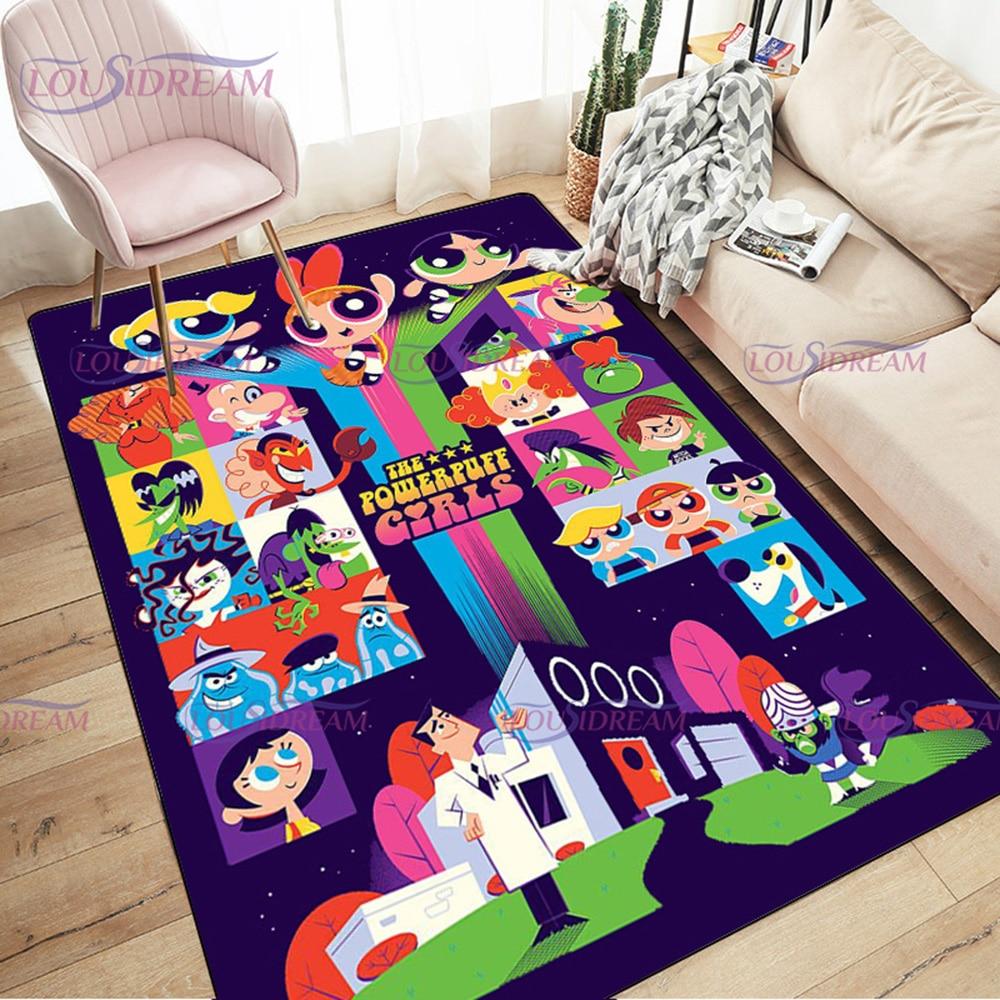 Alfombra de dibujos animados con estampado de Chicas Superpoderosas, decoración para sala de estar y dormitorio, alfombra antideslizante para baño, felpudo para suelo en el pasillo