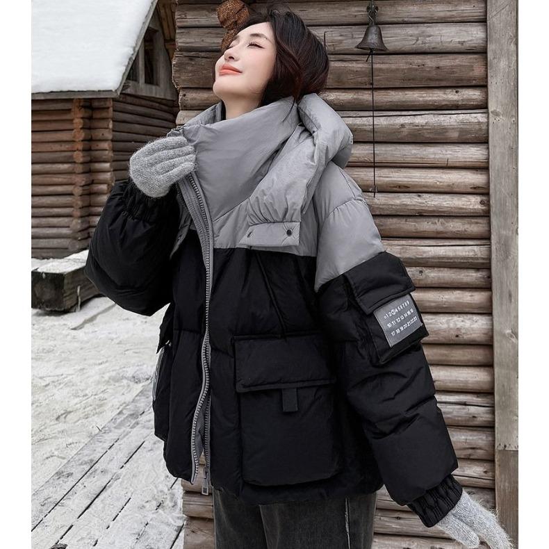 Winter Women Color Block Patchwork Hooded Cotton Jacket Short Korean Style Coat