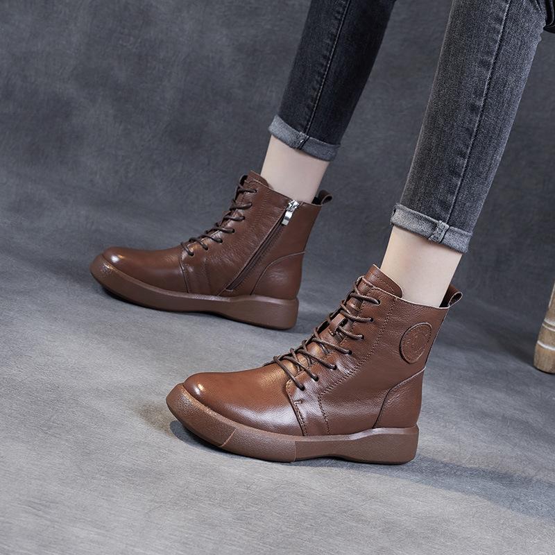 Fashion Winter Premium Black CowhideFlat Women Boots BrownLeather Ankle Boots Side Zipper Motorcycle Boots Pad Foot Sheepskin Womenshoes