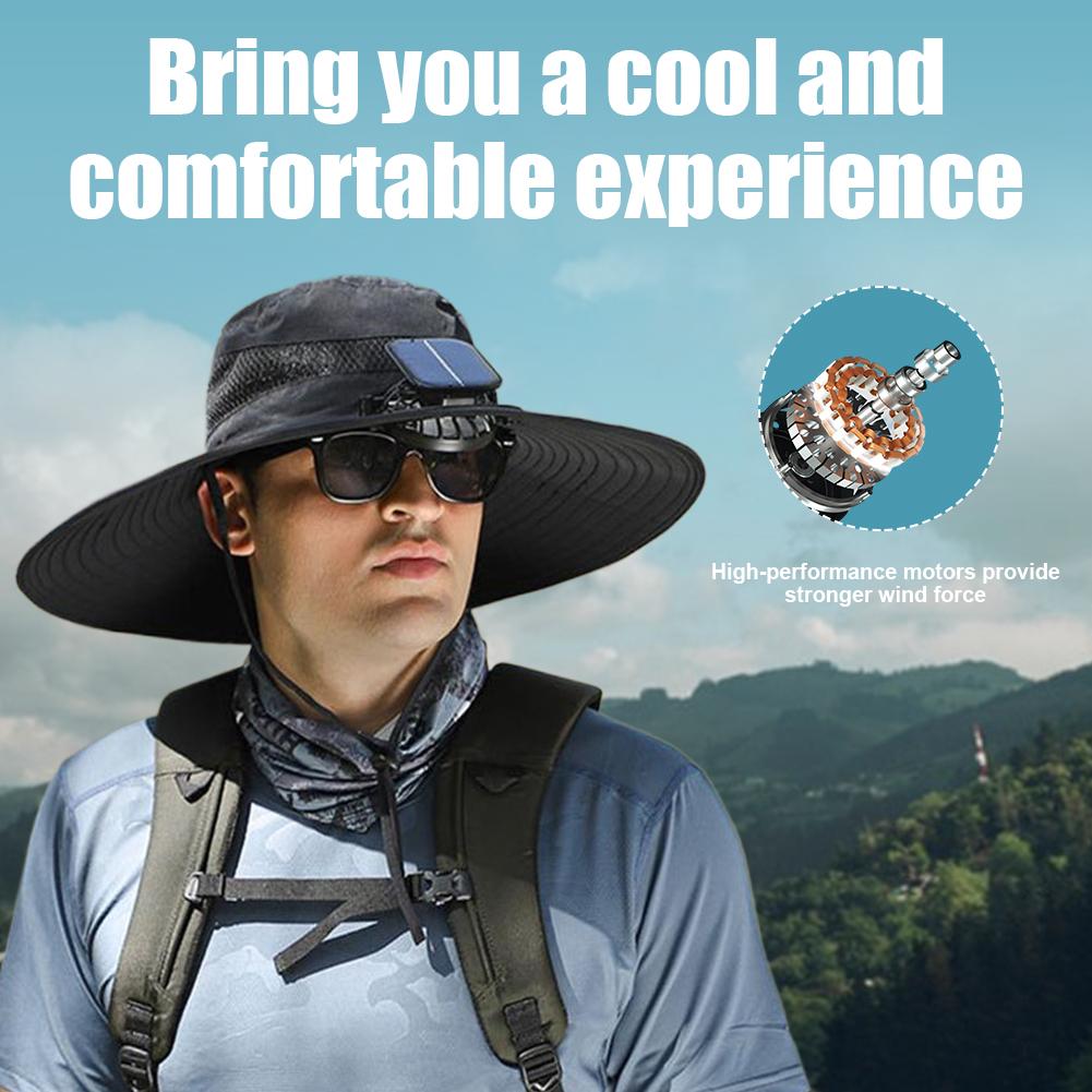 Outdoor Sun Hat with Fan Wide Brim Solar Fan Hat Portable Sunscreen Fisherman Hat For Camping Fishing Hiking for Men Women