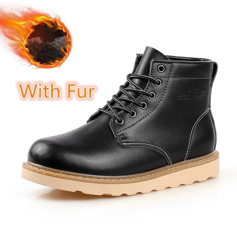 Men Tooling Fashion Casual Leather Shoes High Top Winter Warm Snow Boots Lace-Up Outdoor Motorcycle Ankle Boots Military Style