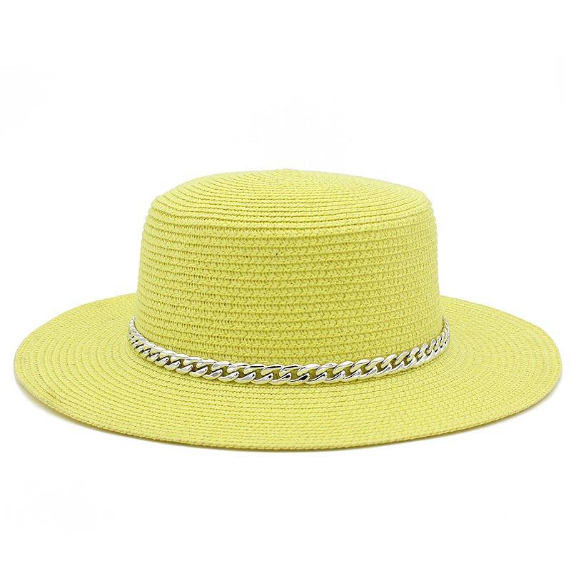 Spring and summer women's travel sunscreen straw hat fashion chain solid color beach British style jazz hat Hats