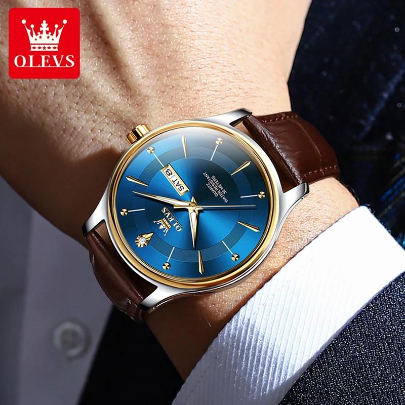 OLEVS Brand Fashion Quartz Watch Men Leather Strap Waterproof Luminous Week Date Business Mens Watches