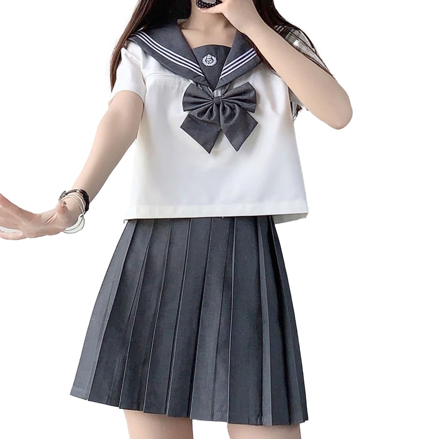 

Sailor Suit Gray JK Costume Uniform High School Girl Cosplay Set [Cedar Eight] 3-Piece (Short Sleeves, L)