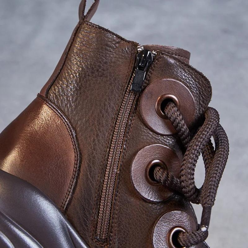 Johnature Genuine Leather Short Boots Retro Versatile Plush Warm Thick Bottom Side Zipper Women's Boots