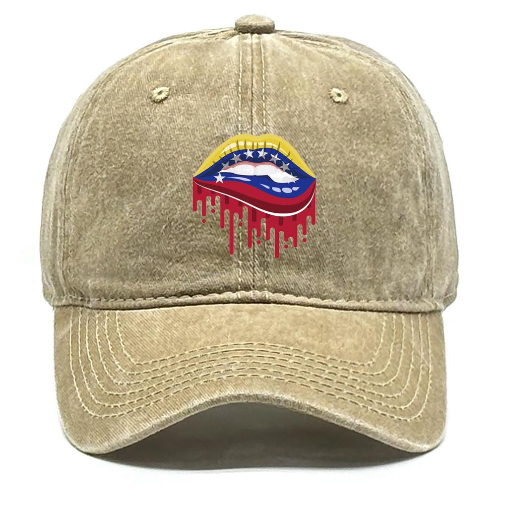 Venezuela Flag Lip Print Snapback Baseball Cap, Patriotic Sports Hat Raw Brim Sun Protection Cotton Leisure Snapback Baseball Hat