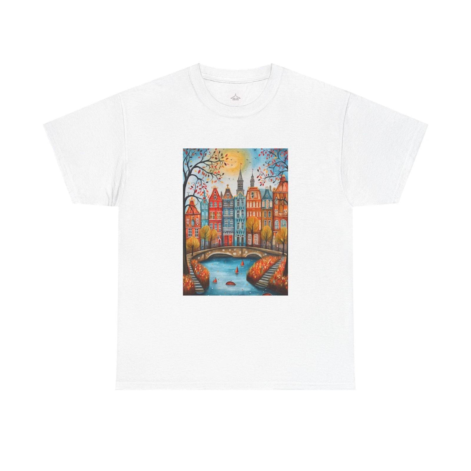 Autumn Canal Cityscape T-Shirt | Colorful Houses, Bridge Scene XL