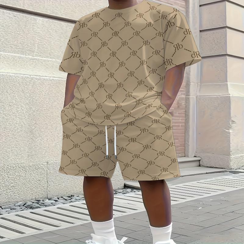 2-piece New Casual English Letter Printed Men's Short Sleeved+shorts, Breathable and Soft Summer Set with Drawstring Pocket Shorts