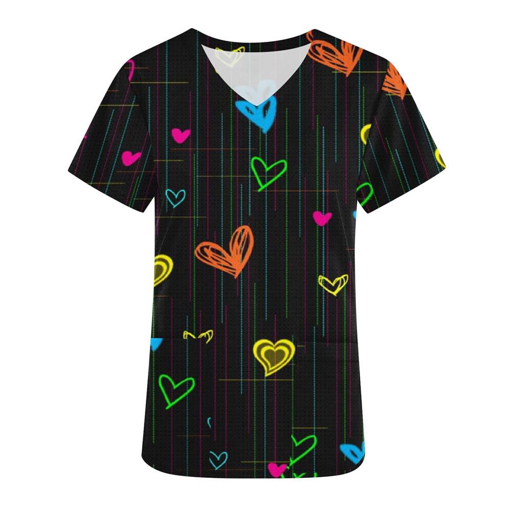 Nurse Uniform Love Heart Print Pocket V-Neck Nursing Scrubs Tops Workwear Women's T-shirts