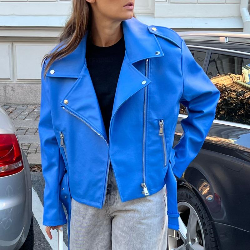 Γυναικείο Μονόχρωμο Φθινοπωρινό Χειμωνιάτικο Δερμάτινο Μπουφάν Punk Κοντό με Ζώνη Πετάκι Μπουφάν Γυναικείο Φερμουάρ Ρετρό Μοτοσικλετιστικό Μπουφάν