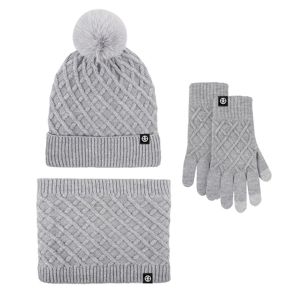 Winter Warm Hat, Scarf, Gloves, Knitted Three-piece Set, Piled Thickened Pattern Hairball Ear Protection Hat, Cold Protection Set