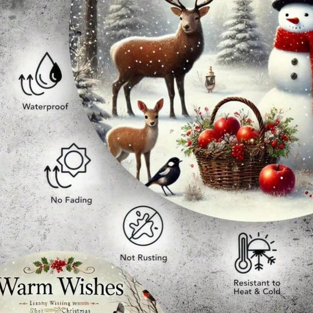 Snowman Deer Round Metal Sign Winter Holly Berry Pine Decorative Tin Wall Art Home Bar Cafe