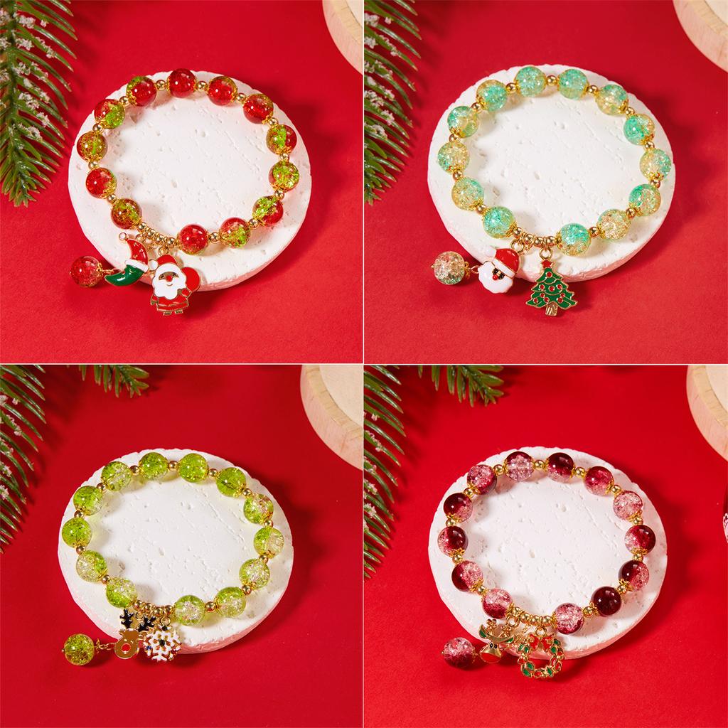 Christmas Crystal Beads Bracelet for Women, Handmade Xmas Snowflake Snowman Bell  , Sparkling Colorful Beads Stretch Bracelet