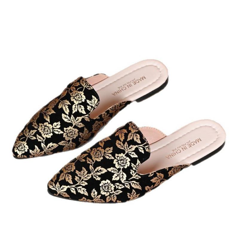 Women Plus Size Old Money Style Black Gold Pointed Toe Flat Slingback Mules Autumn