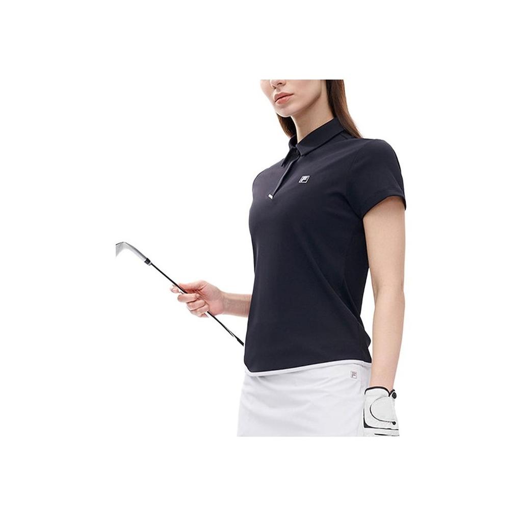 Fila Solid Color Logo Slim Fit Half Zip Short Sleeve Polo Shirt Women Tops Black A11W225128FBK