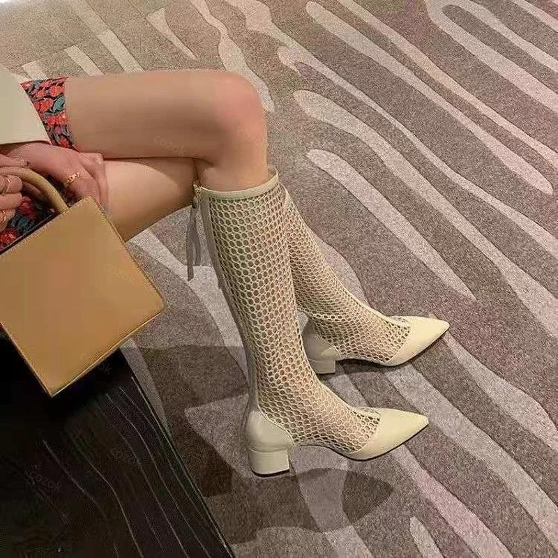 Fashion Cool Mesh Boots Women's Summer Stovepipe Season  2025 Thick Heel Mesh Boots Pointed Mid-heel Mesh High Boots Long Sandals