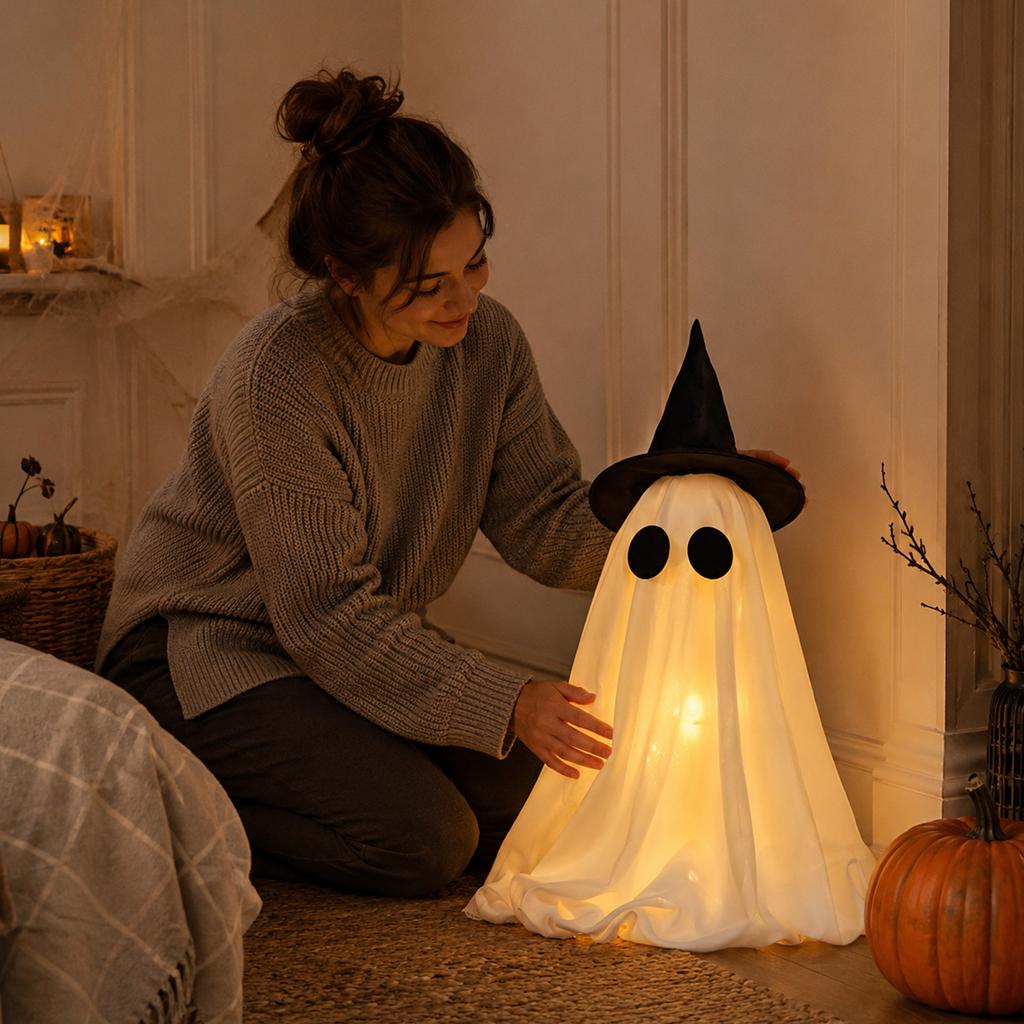 Outdoor Halloween Tabletop Ghost Decoration with Witch Hat Lightweight Fabric Cover for Porch and Garden Seasonal Party Decor