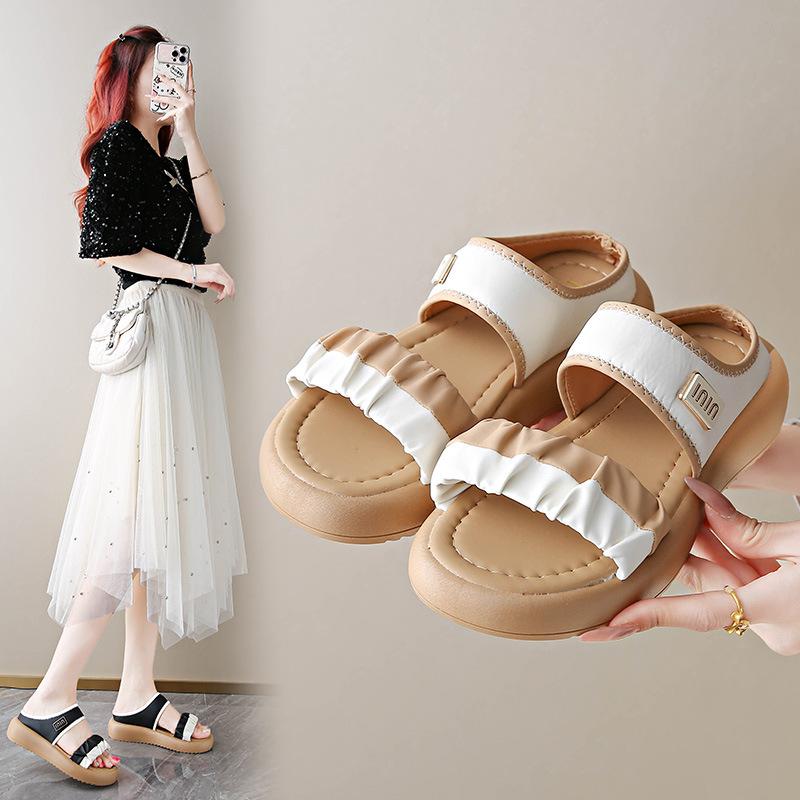One-word buckle with platform sandals female summer new beach seaside fairy wind beach Roman shoes
