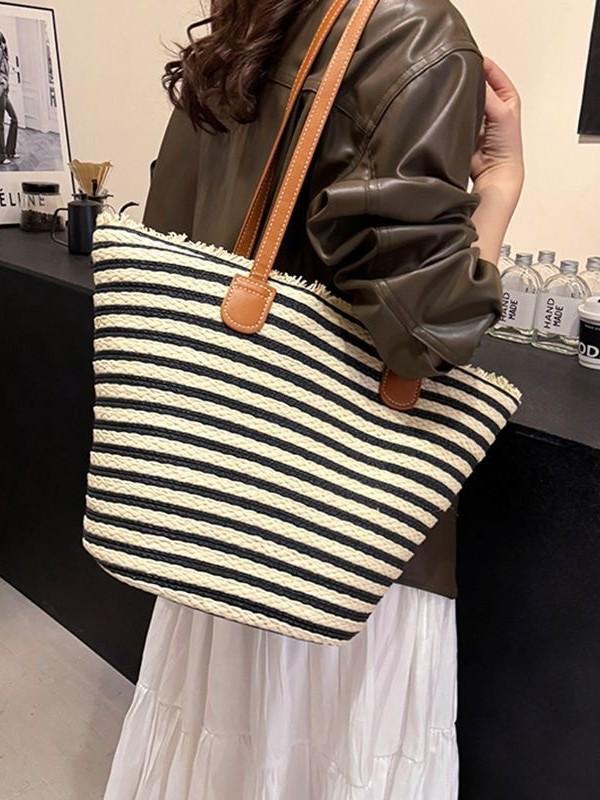 

Hand-woven underarm striped tote bag daily commute versatile vegetable basket retro literary beach women s bag 43*30*26