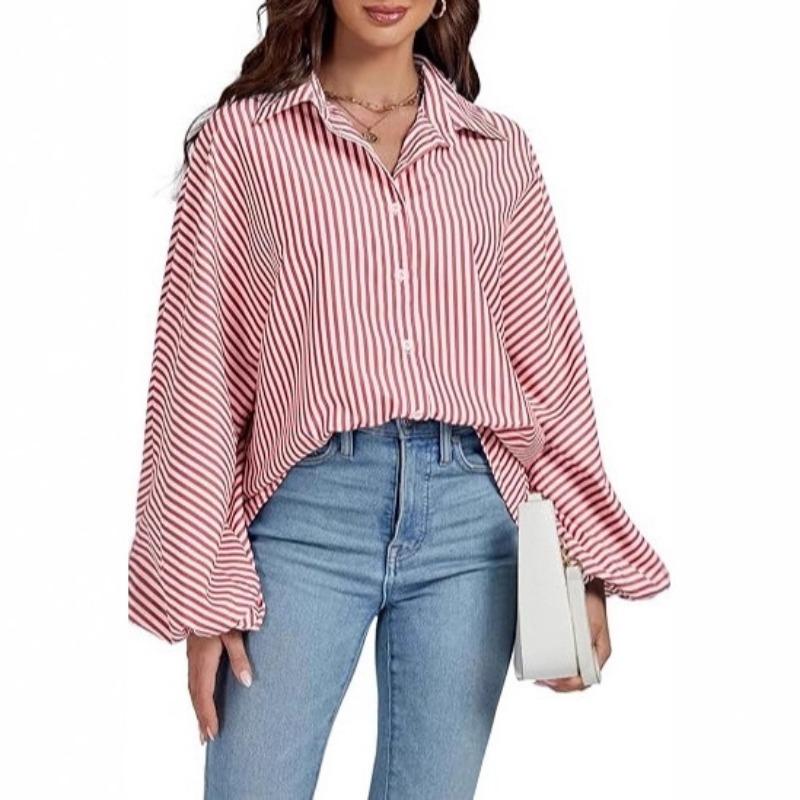 Women's Elegant Loose Casual Single Breasted Striped Shirt Lantern Sleeve Long Sleeve Lapel Shirt