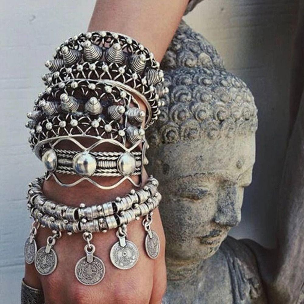 Armband im afghanischen Stil, Vintage, silberfarben, ethnische Armbänder, türkisches Armband, ethnische Mode