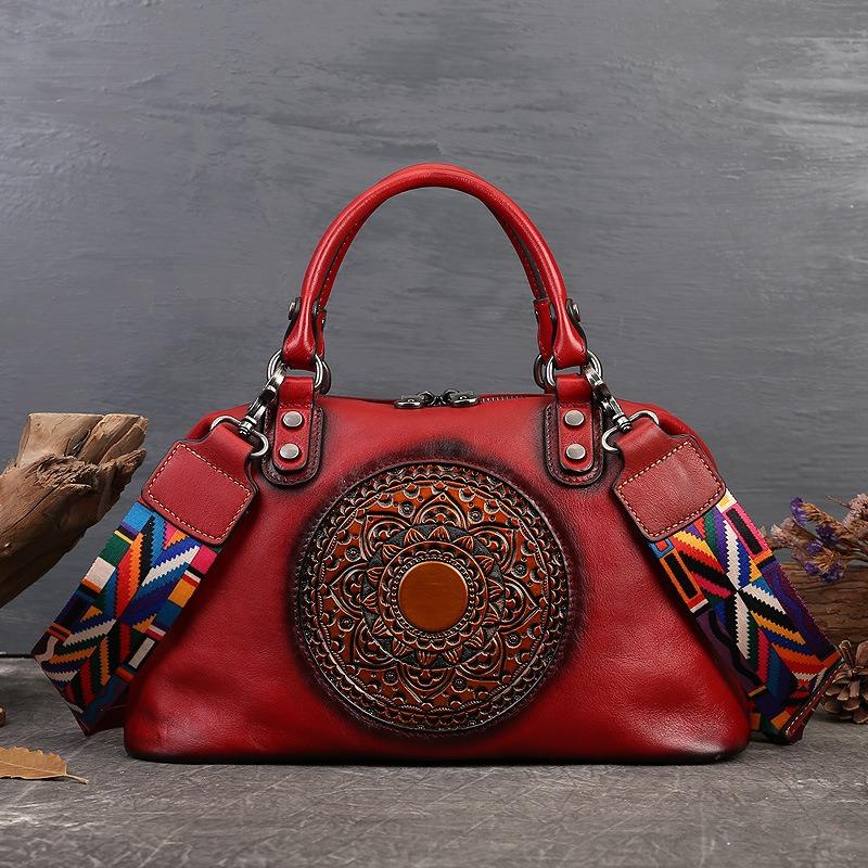 Women's Business Handbag Top Layer Cowhide Commuter Shoulder Bag Large Capacity Dumpling Bag Retro Totem Genuine Leather Women's Bag