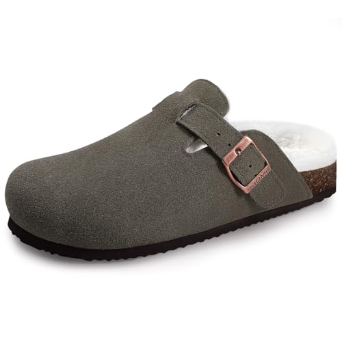 Fashion Crestar Women's Suede Clogs Lady Fashion Buckle Leather Mules Comfort Cork Footbed Potato Shoes with Arch Support Beach Sandal