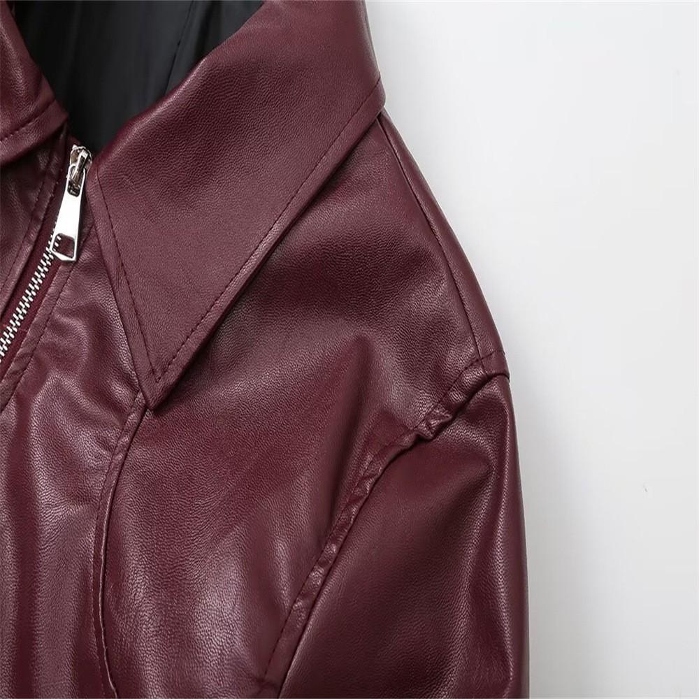 2024 European and American cross-border autumn and winter fashion women's commuter jacket lapel long-sleeved zipper leather jacket short jacket