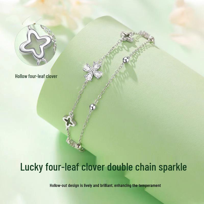 Double-Layer Four-Leaf Clover Bracelet in 925 Silver-Plate – Light Luxury Gift for Women, Ideal for Valentine's or Birthdays