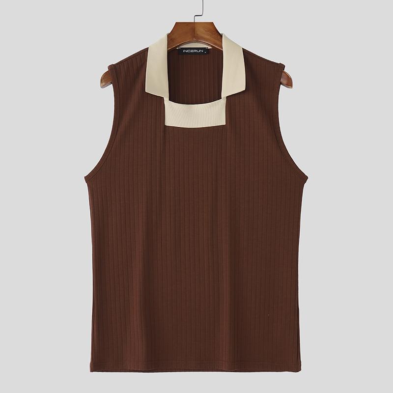 

INCERUN Men Square Collar Sleeveless Stitching Rib Casual Tank Tops Undershirts 2XL коричневый