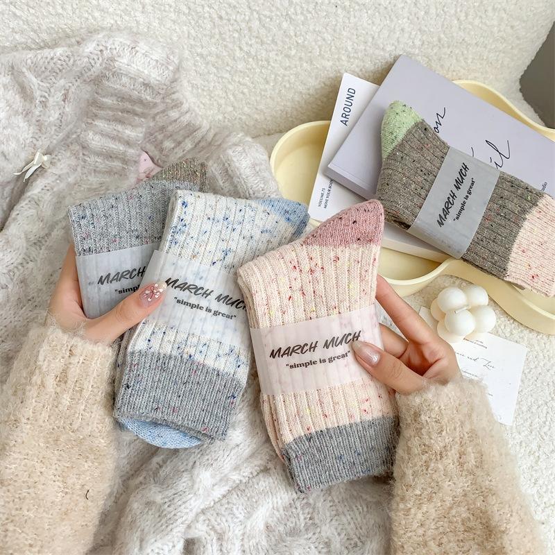 Herbst- und Winter Dicke Garnsocken für Kinder, Farbblock-Punktgarn Kaschmir Verdickt Warme Wolle Mittelwaden-Frotteesocken