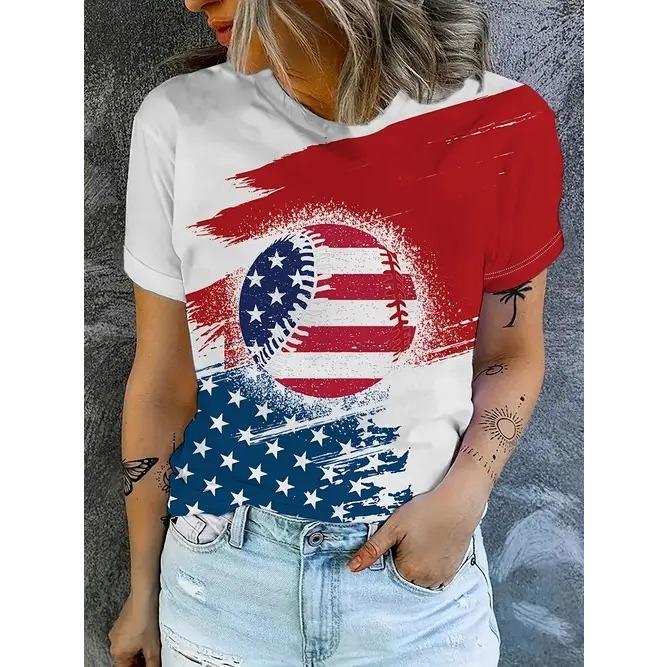 Summer Round Neck American Flag Theme Pattern 3D Print Top Fashionable Casual Short Sleeved Women's T-shirts