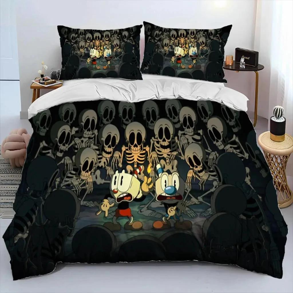 Kreskówkowy Zestaw Pościeli Cuphead i Mugman Chłopcy Dziewczynki Rozmiar Twin Queen Poszwa na Kołdrę Poszewka na Poduszkę Łóżko Dzieci Dorośli Tekstylia Domowe