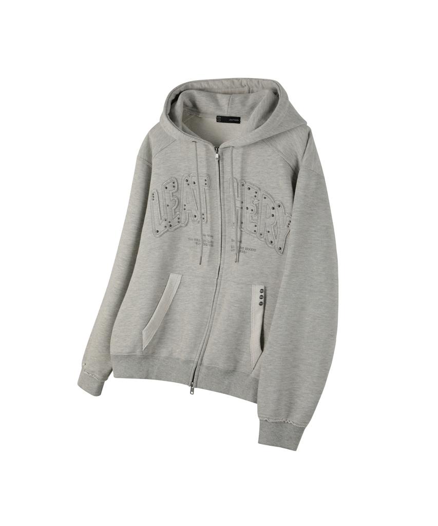 Leathery Double Line Stud Applique Hoodie [Melange]