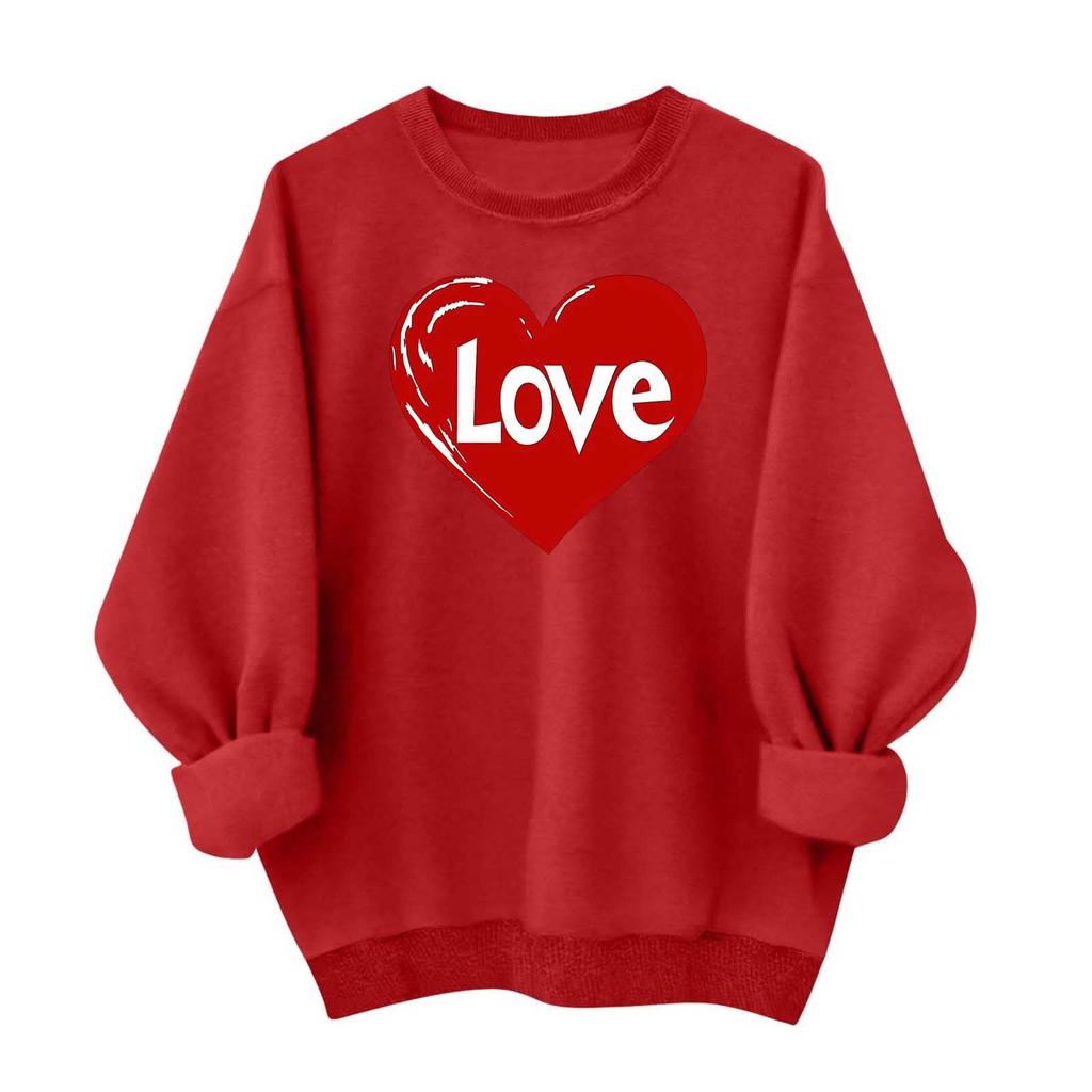 Damen Lässiges und Modisches Rundhals-Top mit Valentinsdruck Kapuzen-T-Shirt Langarm-Sweatshirt
