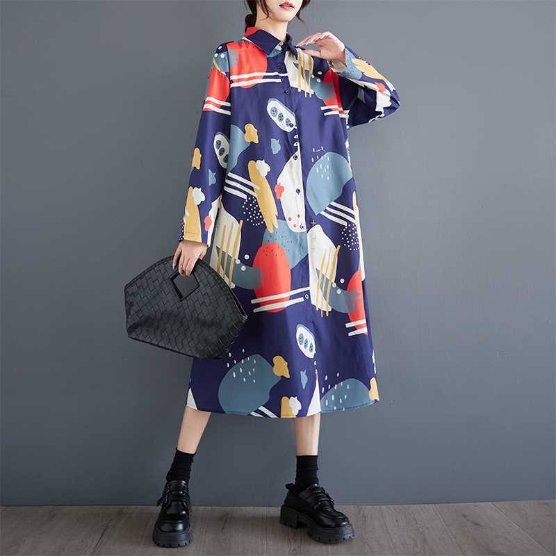 Loose Large Size Oceanic Printed Mid-Length Literary Vintage Dresses