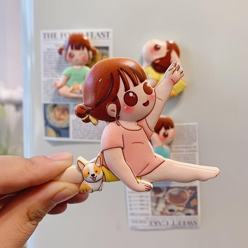 4pcs Set of Japanese Magnetic Fridge Stickers, Featuring a Korean Sporty Self Discipline Girl, Cute Cartoon Designs for Fridge Decoration