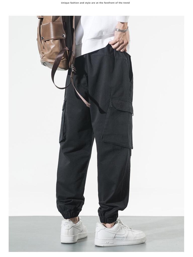 Lingrui Japanese Men's Loose Fit Trendy Wide-Leg Elastic Waist Multi-Pocket Overalls