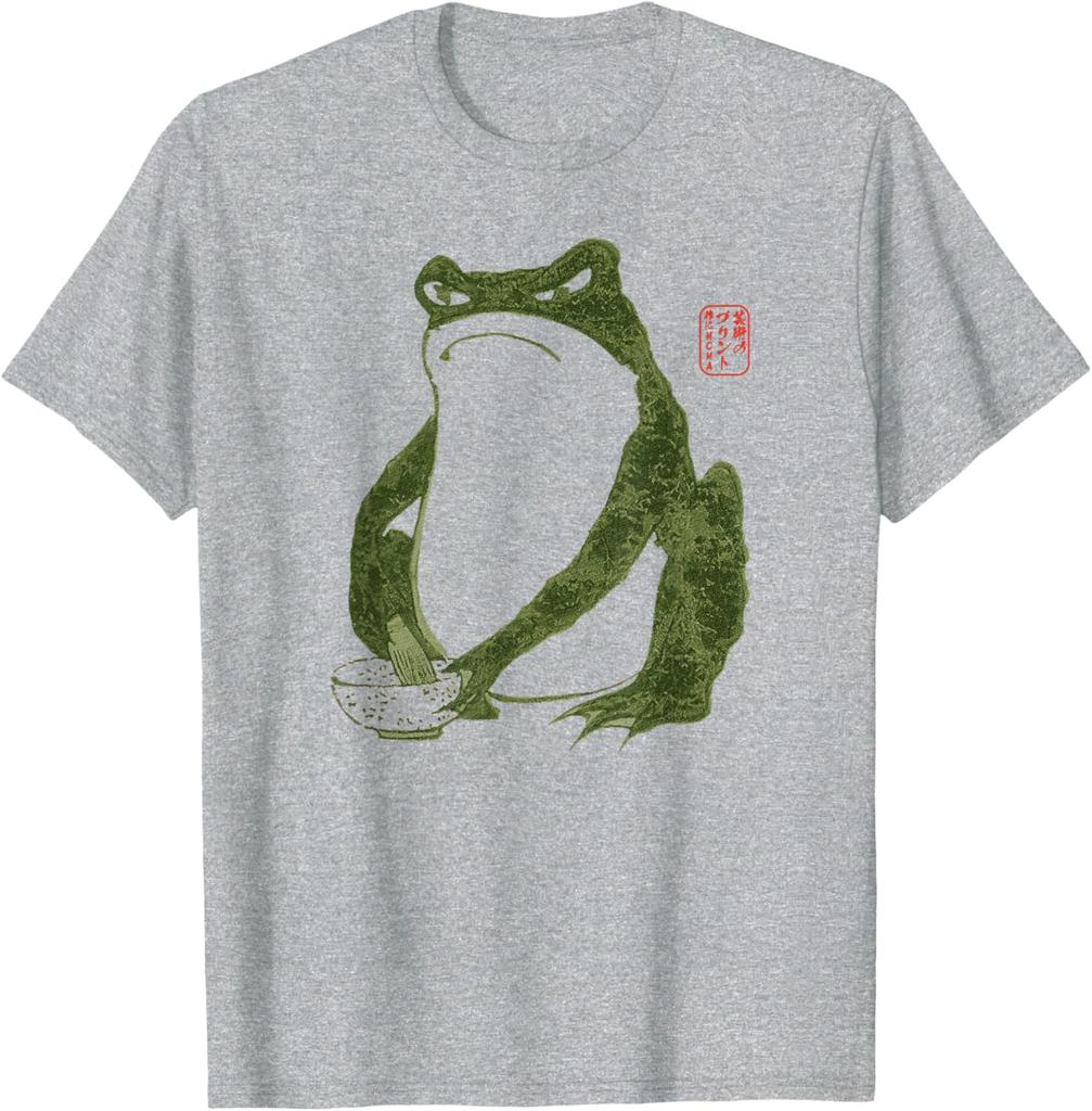 Grumpy Frog Eating Ramen Japanese Art Print Graphic Tee Cotton Casual Short Sleeve TShirt Men