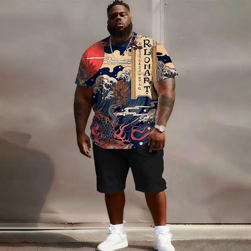 

Plus Size Men s S-6XL Streetwear Outfit, Yin Yang Tropical Floral Japanese Wave 3D Print Short Sleeve T Shirt and Shorts 2Piece Set 6XL