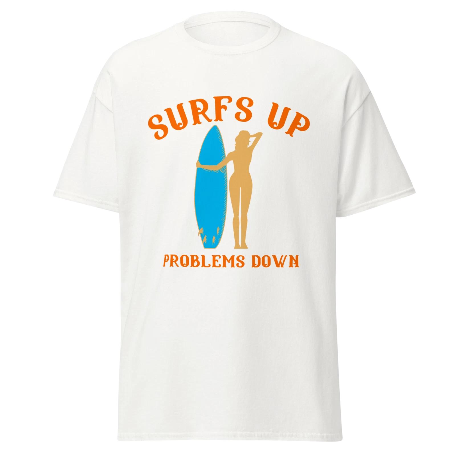 Surfs Up Problems Down Mens Classic T Shirt Silhouette Surfboard Graphic Tee XL