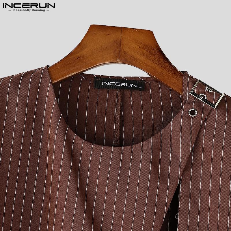 INCERUN Seturi Casual de Pantaloni de Costum pentru Bărbați din Două Piese cu Mânecă Lungă, cu Gât Rotund, cu Dungi și Fante