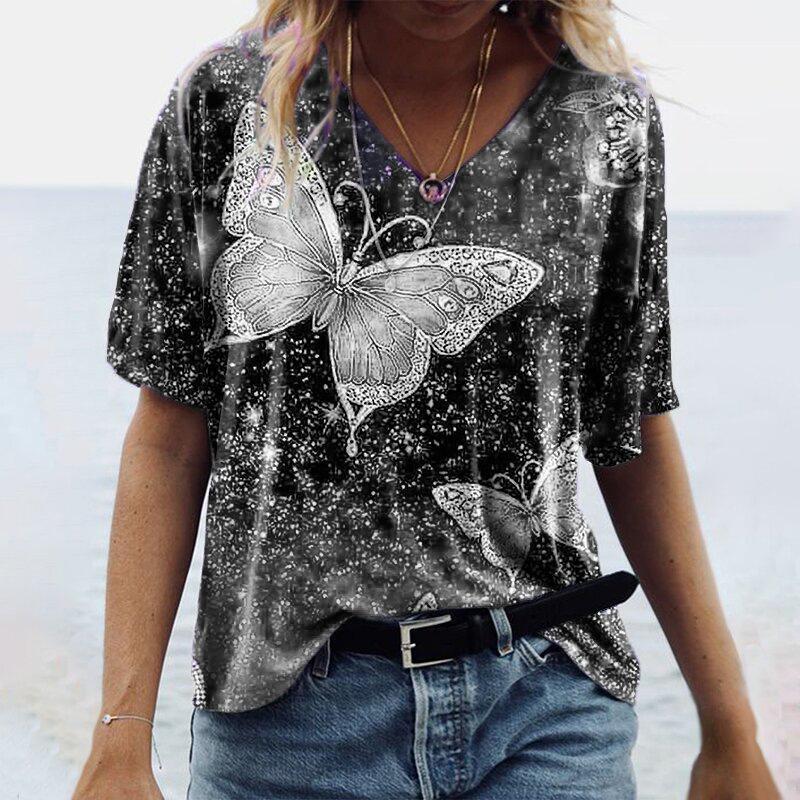 Summer Loose Women's T-Shirts Casual Short Sleeve V-Neck Butterfly Print Tee Shirt Femme Plus Size Lady Tops