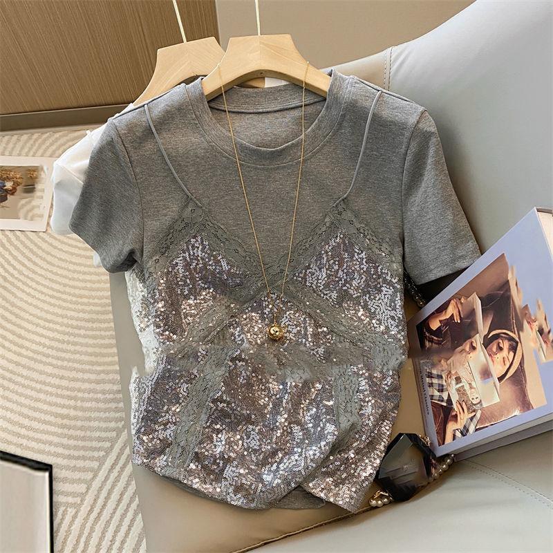 White Lace Camisole Patchwork Short Sleeved Shirt Women's Summer Small Versatile