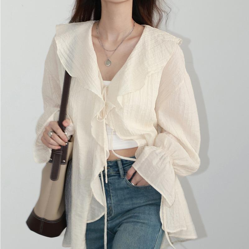 

Весенние оборчатые расклешенные рукава на шнуровке винтажные повседневные рубашки для женщин модные элегантные свободные блузки с V-образным вырезом женские топы приталенные однотонные женские рубашки 25999 L бежевый